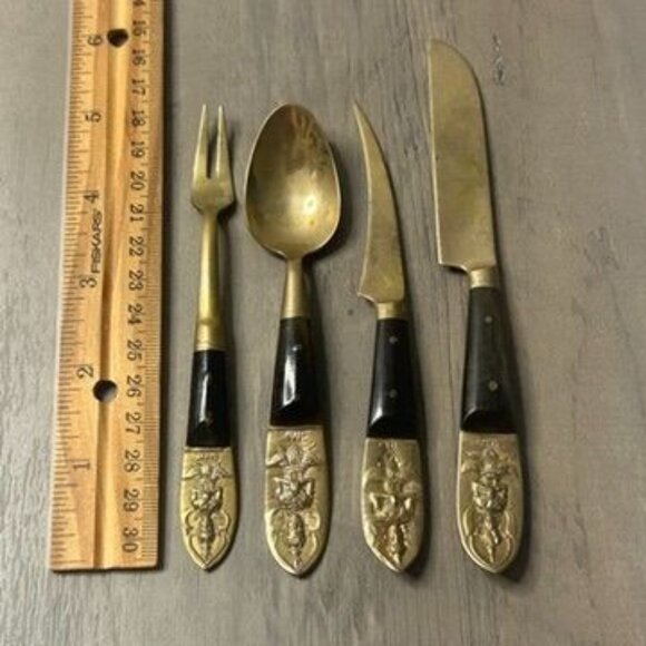 Vintage Siam Thailand Buddha Brass & Teak Wood 1950s MCM Mini Flatware Set - Picture 2 of 3